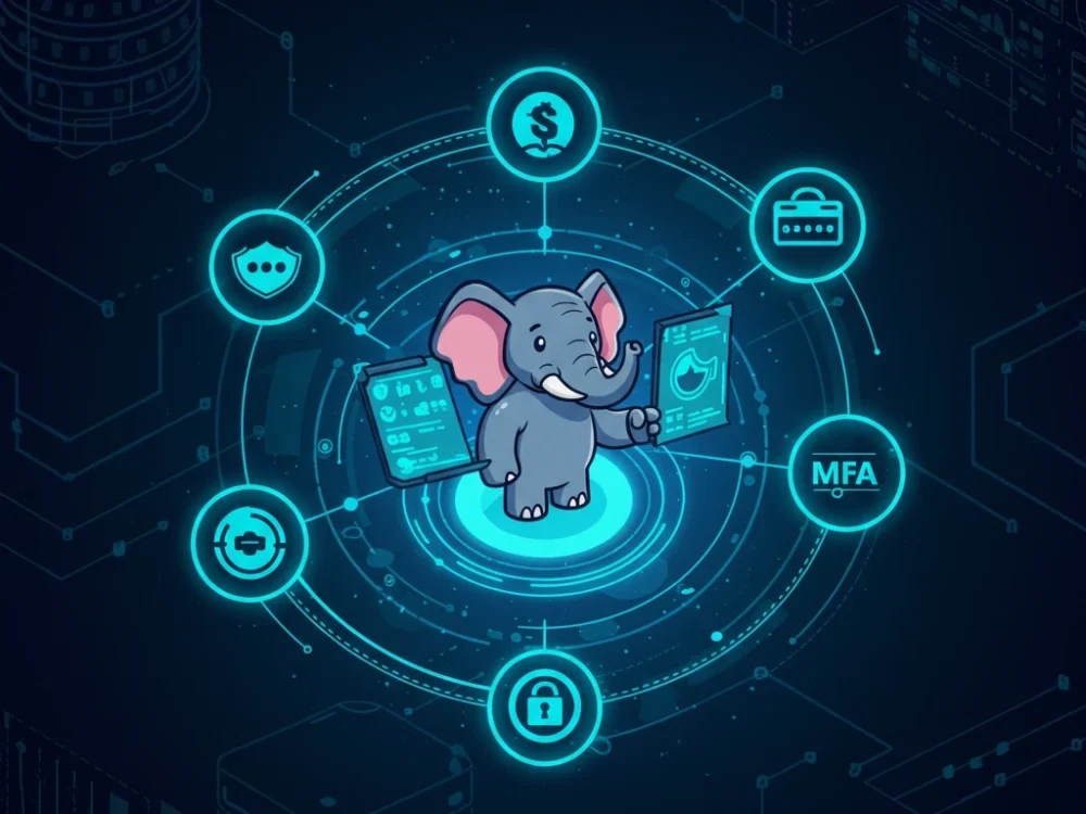 PostgreSQL elephant mascot with digital shield and network, representing PCI DSS password security and compliance for databases.