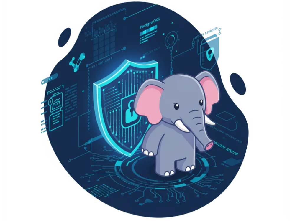 PostgreSQL elephant guarding a digital shield, symbolizing PCI DSS v4.0.1 password security and database protection.