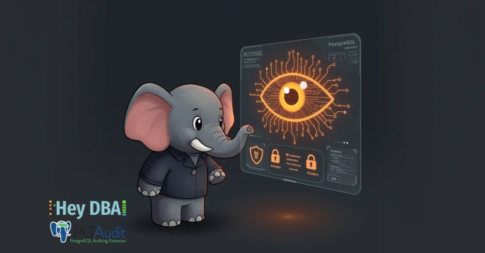 A cartoon PostgreSQL elephant character inspects a holographic interface displaying a glowing orange all-seeing eye, which represents the pgAudit extension for database auditing.