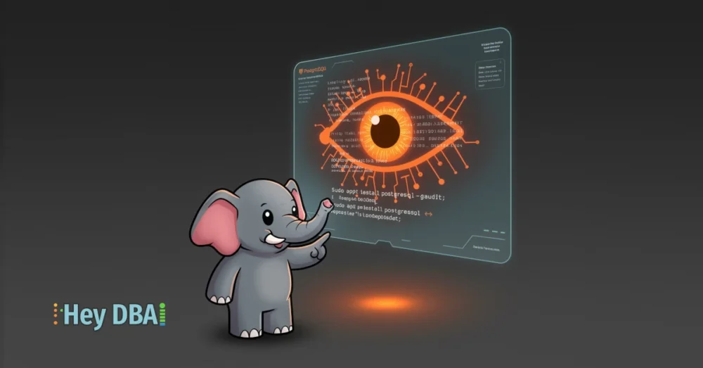 A cartoon PostgreSQL elephant character looks at a holographic interface displaying a glowing orange Eye of Sauron, symbolizing the installation of the pgAudit extension.