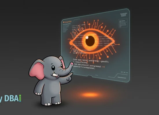 A cartoon PostgreSQL elephant character looks at a holographic interface displaying a glowing orange Eye of Sauron, symbolizing the installation of the pgAudit extension.