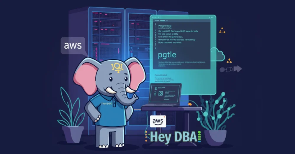 Stylized PostgreSQL elephant and server setup on Ubuntu 24.04 for pgtle installation, featuring AWS cloud and hey-dba.com branding.
