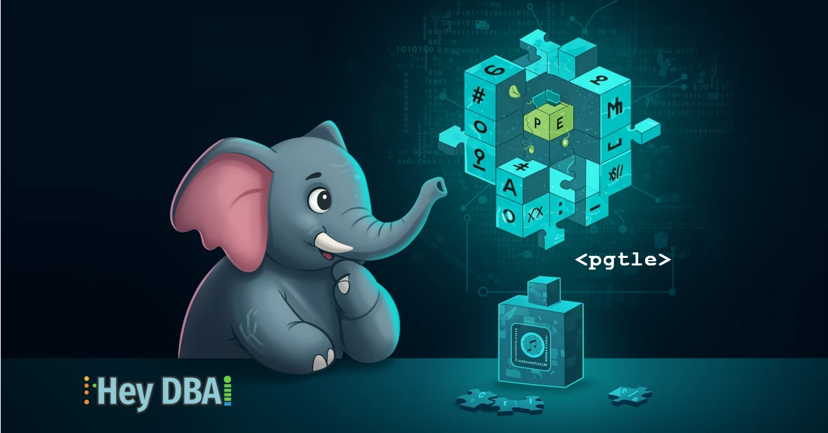 Stylized PostgreSQL elephant mascot solving a complex digital puzzle representing password complexity, with pgtle and Hey DBA branding.