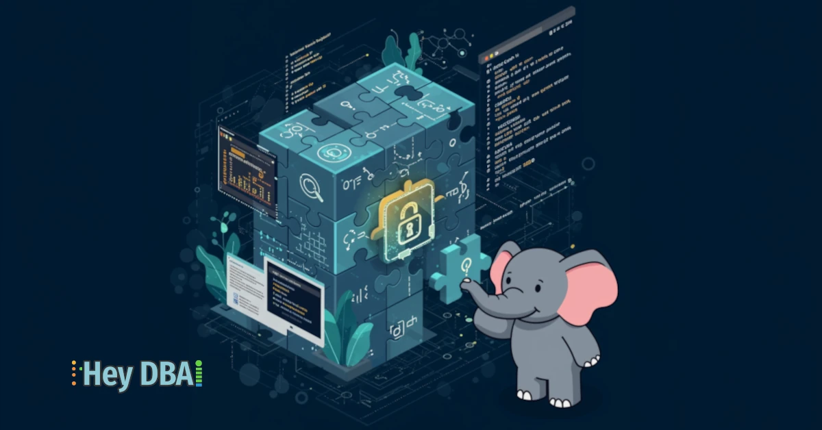 PostgreSQL elephant solving password complexity puzzle with programming elements, for pgtle database security.