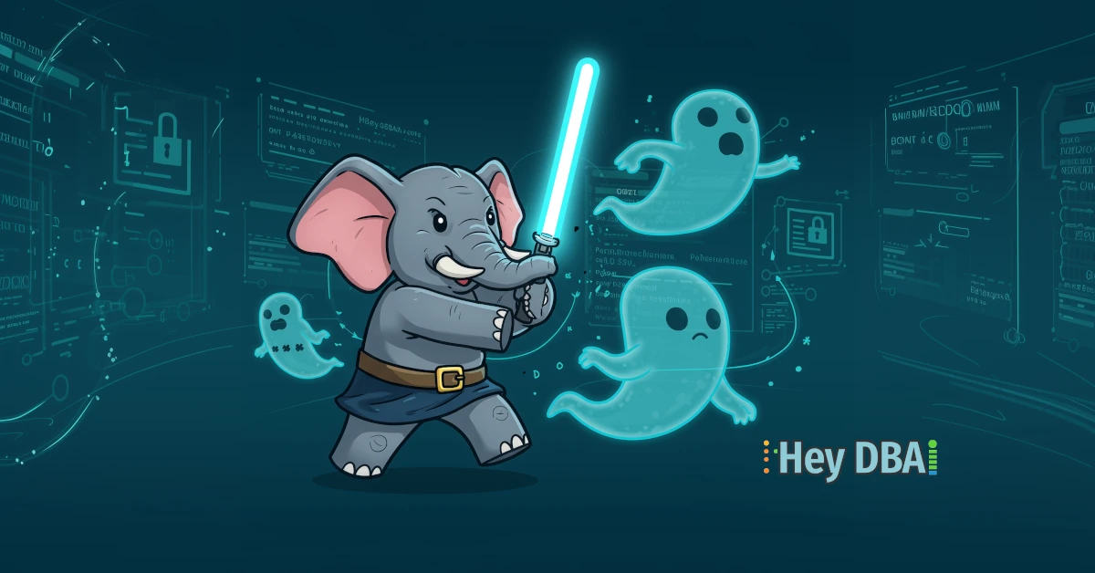 PostgreSQL elephant with lightsaber battling password reuse ghosts for database security and PCI DSS compliance.