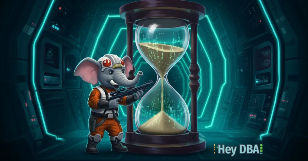 PostgreSQL elephant mascot in Rebel pilot gear, holding a blaster and defending a futuristic hourglass filled with glowing binary code, symbolizing password expiration and PostgreSQL security for PCI DSS compliance.