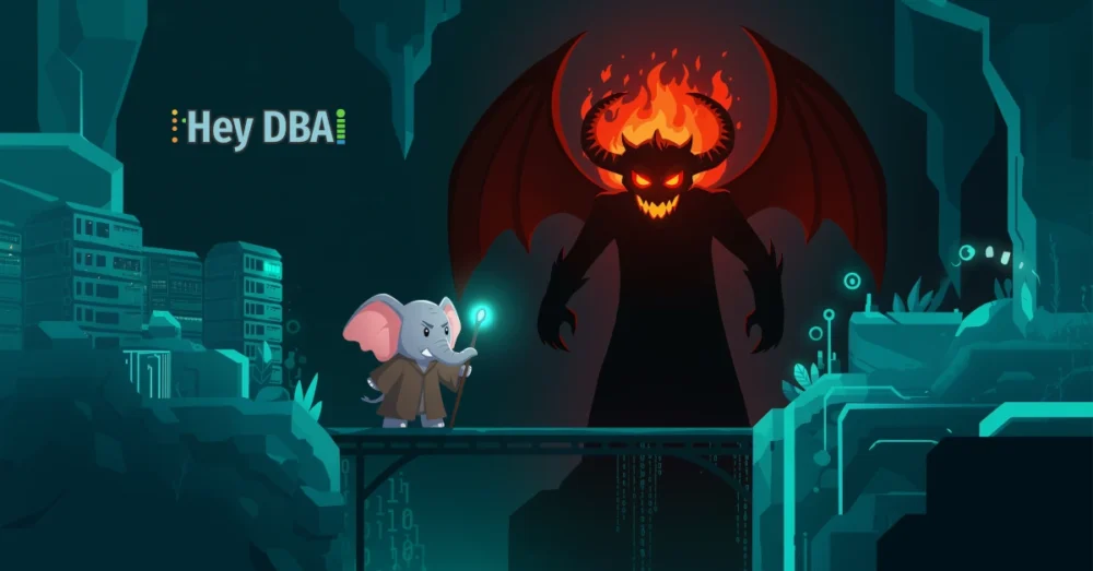 A stylized PostgreSQL elephant mascot, embodying Gandalf, stands on a narrow bridge, holding a glowing staff and defiantly facing a monstrous, shadowy Balrog-like figure with fiery eyes, protecting abstract database server racks in the background. Digital streams flow below the bridge.
