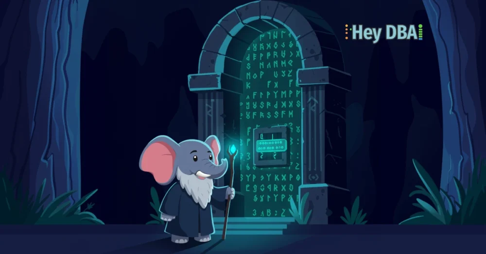 PostgreSQL elephant mascot as Gandalf deciphering glowing runes on ancient stone doors, symbolizing solving password challenges like vendor defaults and first-time login for database security.
