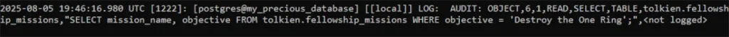 Example of a pgAudit log entry for an OBJECT audit in PostgreSQL, showing a READ operation (SELECT) on a specific table being logged.