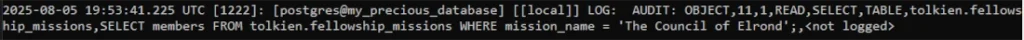 Example of a pgAudit log for a granular OBJECT audit in PostgreSQL, showing how a SELECT on a specific column is logged.