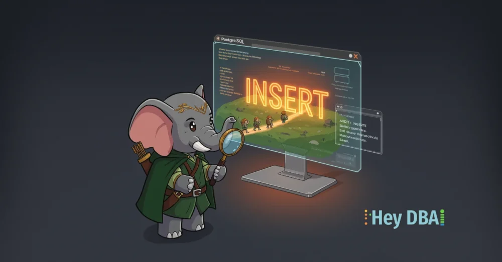 A PostgreSQL elephant dressed as Legolas uses a magnifying glass to audit a holographic screen showing hobbits being taken to an INSERT command, symbolizing pgAudit session auditing.