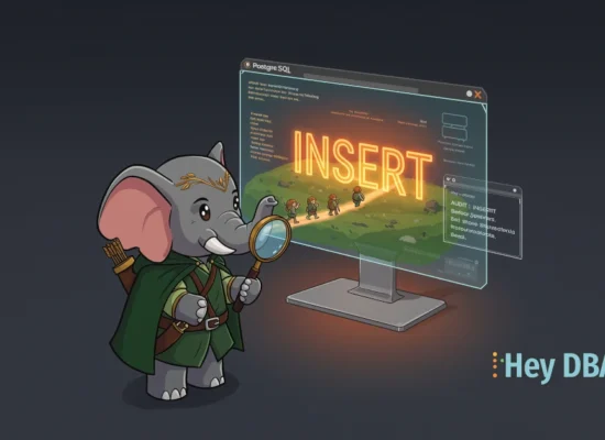 A PostgreSQL elephant dressed as Legolas uses a magnifying glass to audit a holographic screen showing hobbits being taken to an INSERT command, symbolizing pgAudit session auditing.