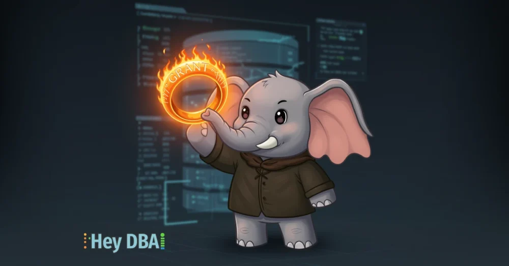 A cartoon PostgreSQL elephant holds up a glowing orange ring with the word 'GRANT' inscribed on it, symbolizing the power of object-level auditing in pgAudit.