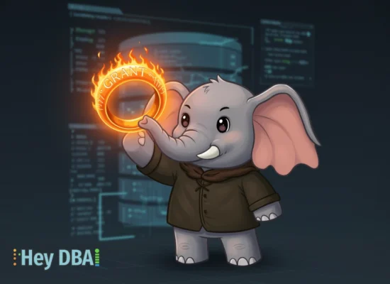 A cartoon PostgreSQL elephant holds up a glowing orange ring with the word 'GRANT' inscribed on it, symbolizing the power of object-level auditing in pgAudit.