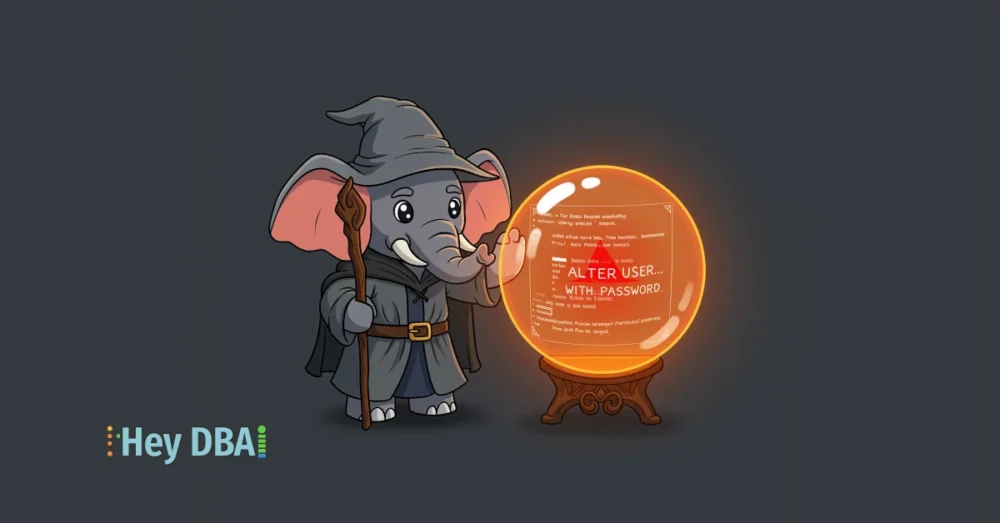 A PostgreSQL elephant dressed as a wizard looks into a Palantír of logs, shielding its eyes from a dangerous log entry showing a cleartext password, symbolizing the importance of pgAudit password protection.
