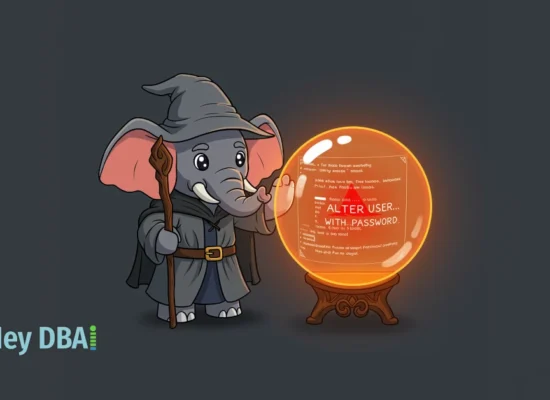 A PostgreSQL elephant dressed as a wizard looks into a Palantír of logs, shielding its eyes from a dangerous log entry showing a cleartext password, symbolizing the importance of pgAudit password protection.